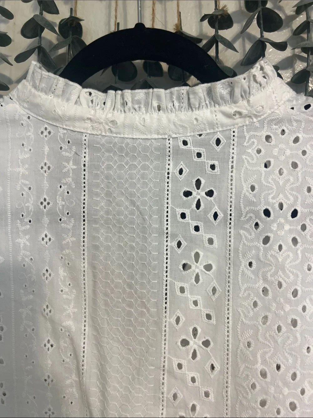 Zara Eyelet Button-Front Puff Sleeve Top